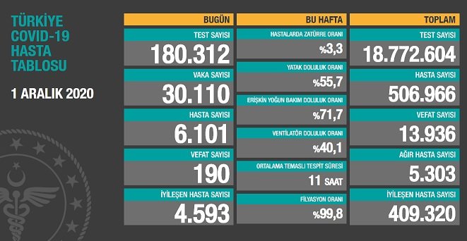 Koronavirüs'ten Türkiye'de 1 Aralık'ta 190 toplamda 13.936 kişi öldü