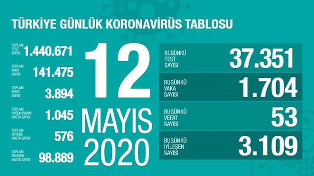 Türkiye'de 12 Mayıs'ta Covid_19'dan 53 toplamda 3.894 kişi öldü