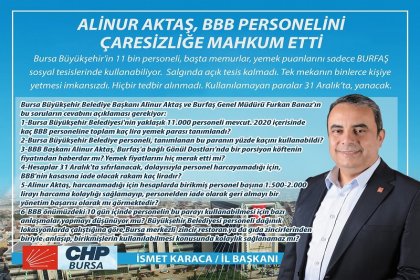 CHP Bursa İl Başkanı İsmet Karaca, BBB Başkanı Aktaş'a sordu; 2020 yılı içerisinde kaç BBB personeline, toplam kaç lira yemek parası tanımlandı, bu paranın yüzde kaçını kullanabildiler?