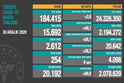 Covid_19 Türkiye'de 30 Aralık'ta 254 toplamda 20.642 can aldı