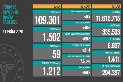 Koronavirüs'ten Türkiye'de 11 Ekim'de 59 toplamda 8.837 kişi öldü