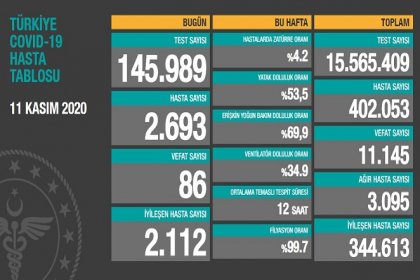 Koronavirüs'ten Türkiye'de 11 Kasım'da 86 toplamda 11.145 kişi öldü