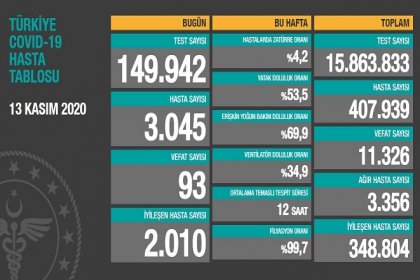 Koronavirüs'ten Türkiye'de 13 Kasım'da 93 toplamda 11.326 kişi öldü