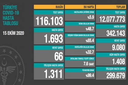 Koronavirüs'ten Türkiye'de 15 Ekim'de 66 toplamda 9.080 kişi öldü