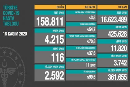 Koronavirüs'ten Türkiye'de 18 Kasım'da 116 toplamda 11.820 kişi öldü