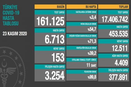 Koronavirüs'ten Türkiye'de 23 Kasım'da 153 toplamda 12.511 kişi öldü