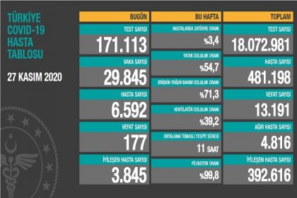 Koronavirüs'ten Türkiye'de 27 Kasım'da 177 toplamda 13.191 kişi öldü