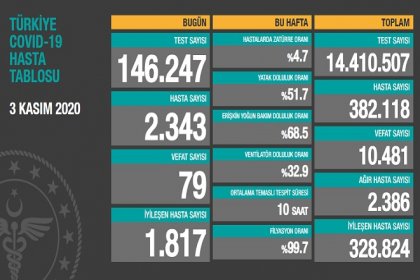 Koronavirüs'ten Türkiye'de 3 Kasım'da 79 toplamda 10.481 kişi öldü