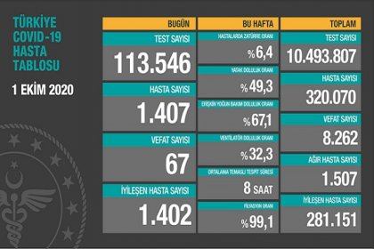 Türkiye'de 1 Ekim'de Covid_19'dan 67 toplamda 8.262 kişi öldü