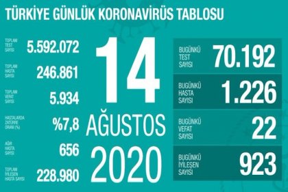 Türkiye'de 14 Ağustos'da Covid_19'dan 22 toplamda 5.934 kişi öldü