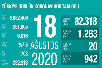 Türkiye'de 18 Ağustos'da Covid_19'dan 20 toplamda 6.016 kişi öldü