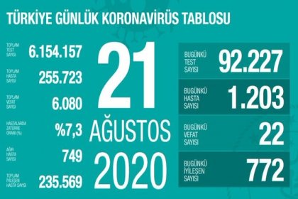 Türkiye'de 21 Ağustos'da Covid_19'dan 22 toplamda 6.080 kişi öldü