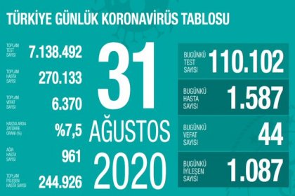 Türkiye'de 31 Ağustos'da Covid_19'dan 44 toplamda 6.370 kişi öldü