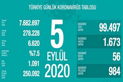 Türkiye'de 5 Eylül'de Covid_19'dan 56 toplamda 6.620 kişi öldü