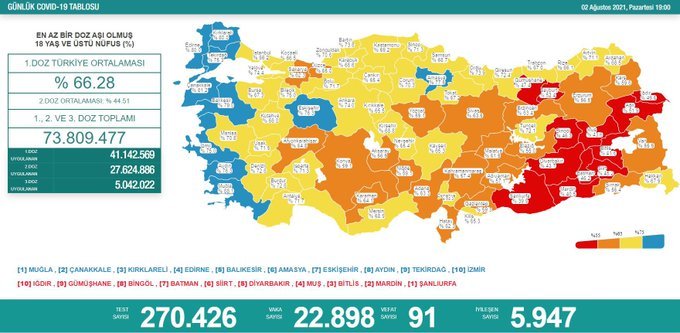 Covid_19, Türkiye'de 2 Ağustos'ta 91 toplamda 51.519 can aldı