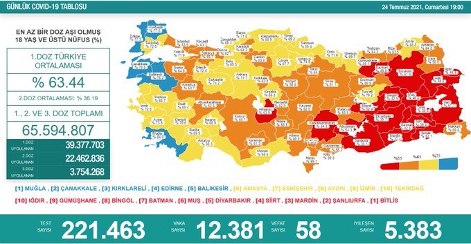 Covid_19, Türkiye'de 24 Temmuz'da 58 toplamda 50.879 can aldı