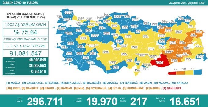 Covid_19, Türkiye'de 25 Ağustos'ta 217 toplamda 55.207 can aldı