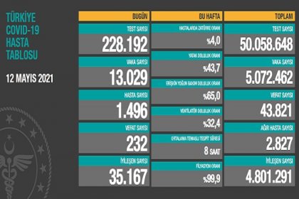 Covid_19, Türkiye'de 12 Mayıs'ta 232 toplamda 43.821 can aldı