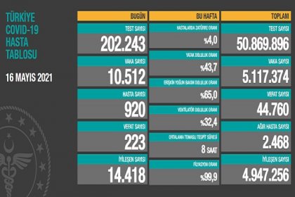 Covid_19, Türkiye'de 16 Mayıs'ta 223 toplamda 44.760 can aldı