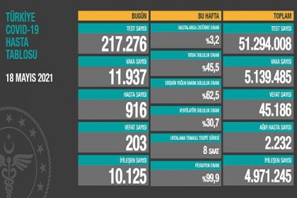 Covid_19, Türkiye'de 18 Mayıs'ta 203 toplamda 45.186 can aldı