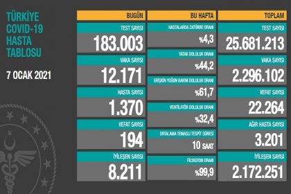 Covid_19, Türkiye'de 7 Ocak'ta 194 toplamda 22.264 can aldı