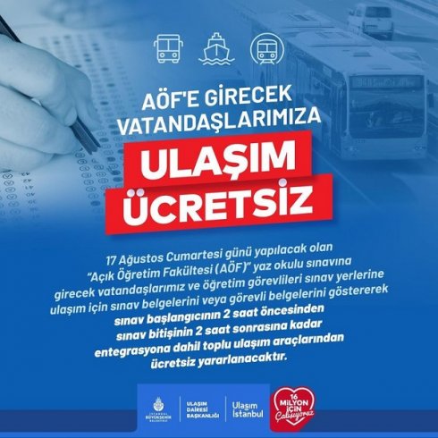 AÖF Sınavına Gireceklere Ulaşım Ücretsiz